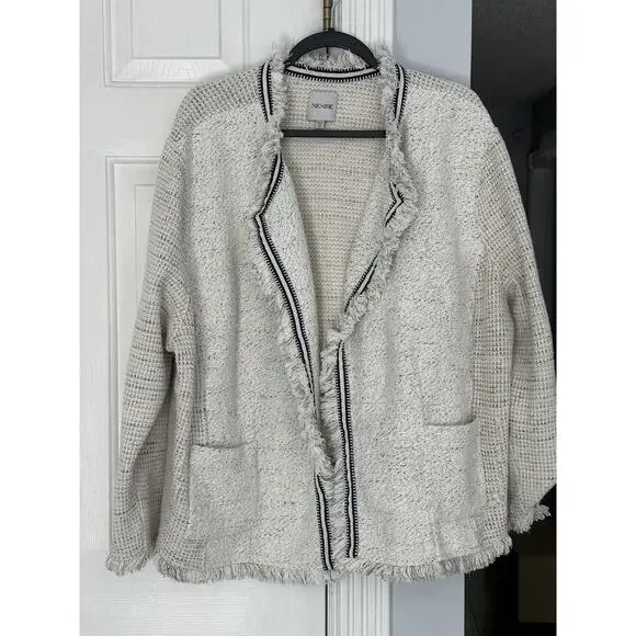 VGUC NIC+ZOE Plus Ribbon Trim Fringe Jacket Cream Navy Waffle size 3X READ - Picture 3 of 14